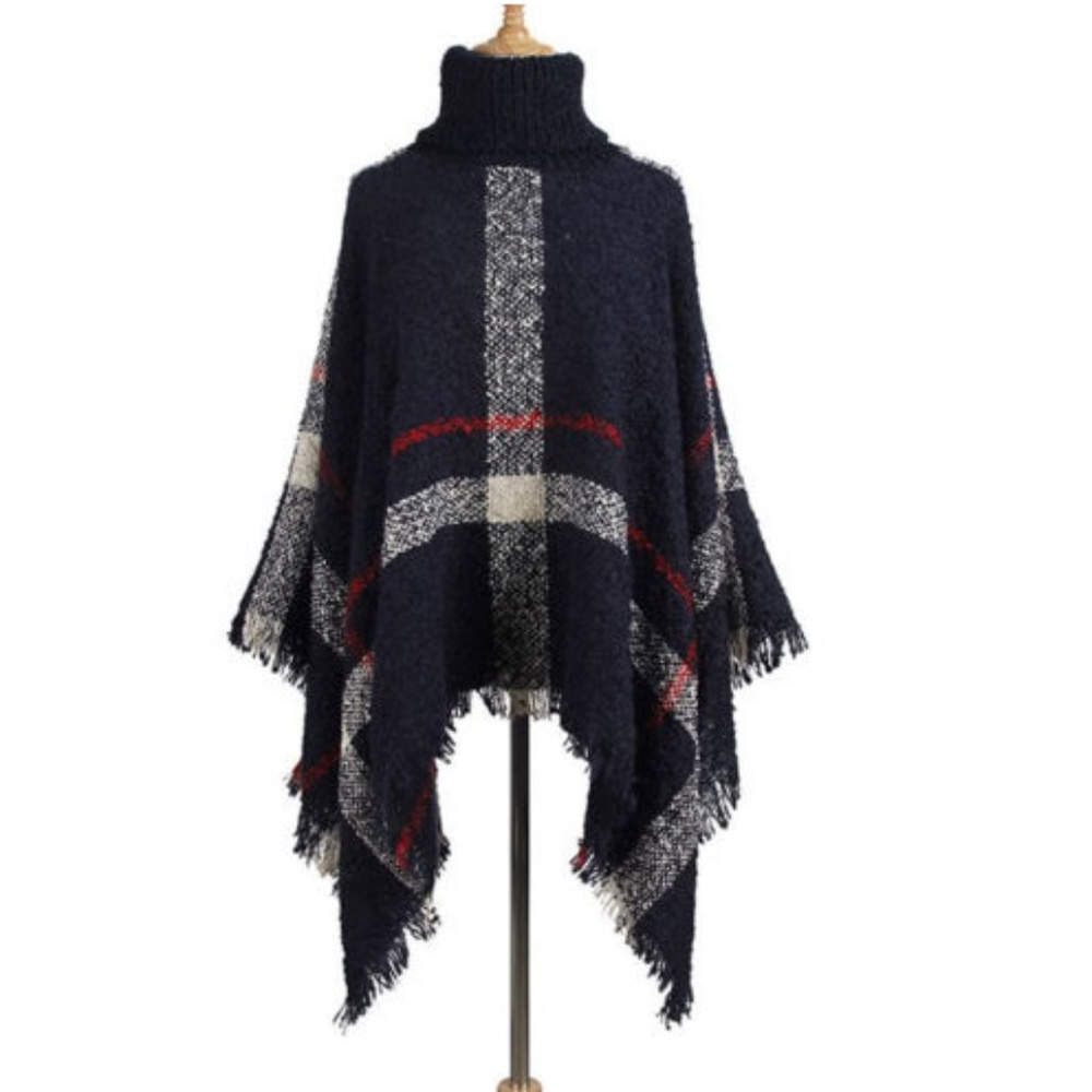 Plaid Poncho Sweater with Turtle Neck ONE SIZE - Picture 2 of 3